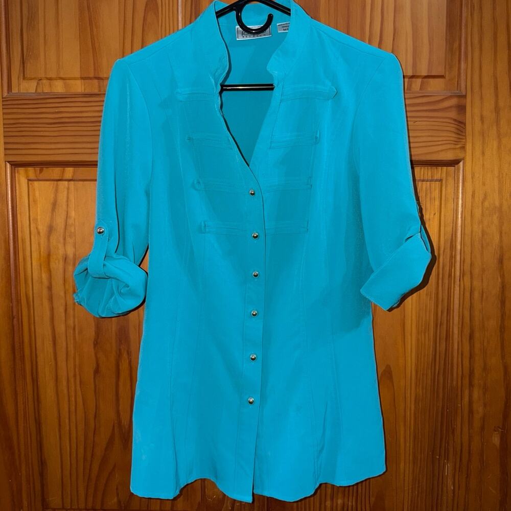 Women's Kathy Che Blue Button-Down Roll Sleeve Tunic Blouse Size M
